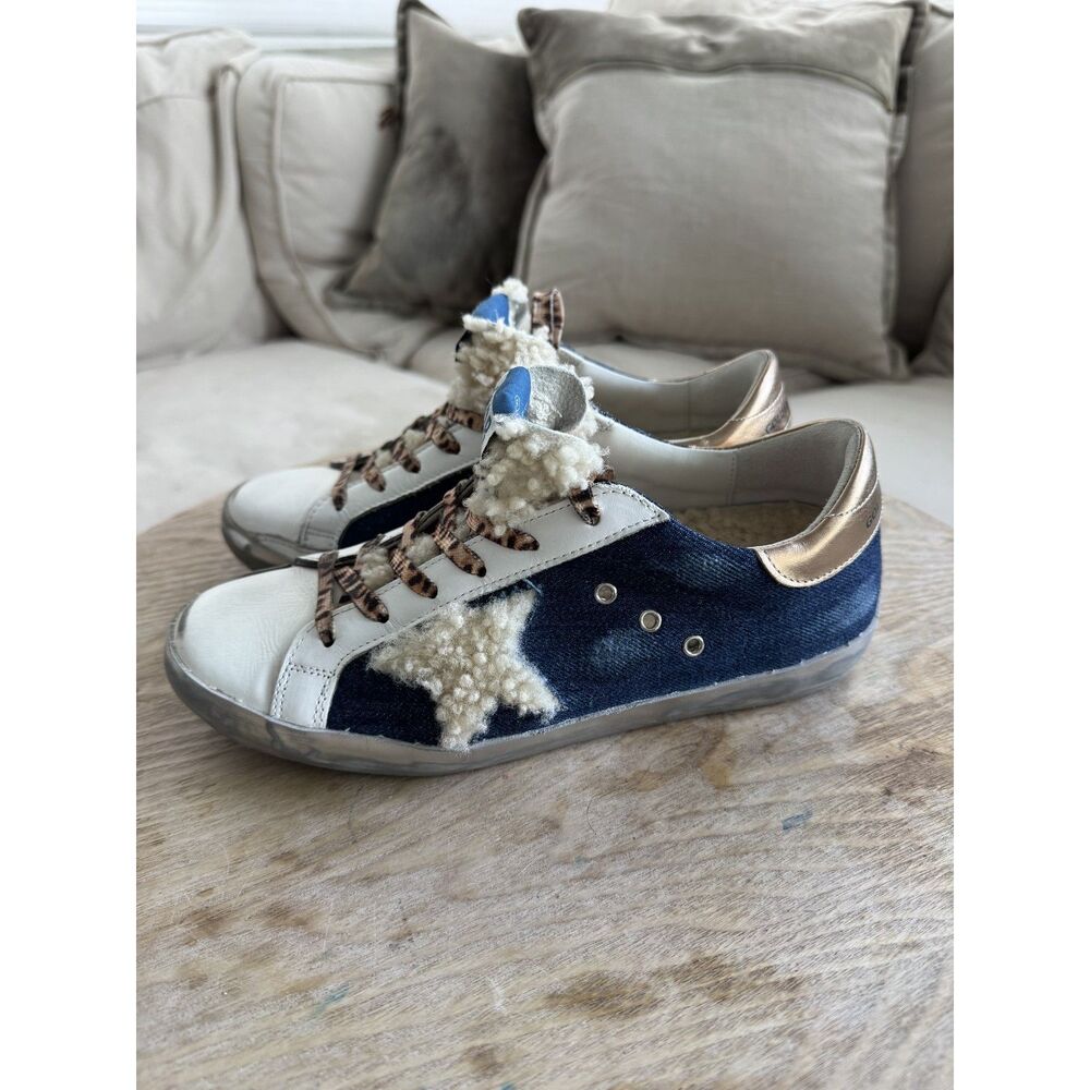 GOLDEN GOOSE Superstar Classic Denim Shearling Shoe in Blue/ Beige Size 8 - Picture 6 of 9